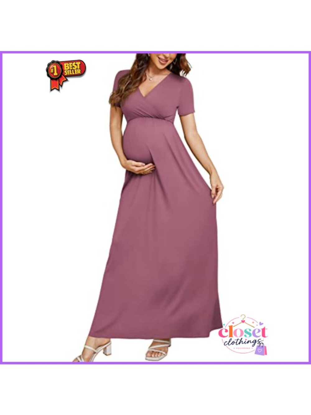 Maternity Maxi Dress Wrap V-Neck Short Sleeve Pregnancy Baby Shower Casual